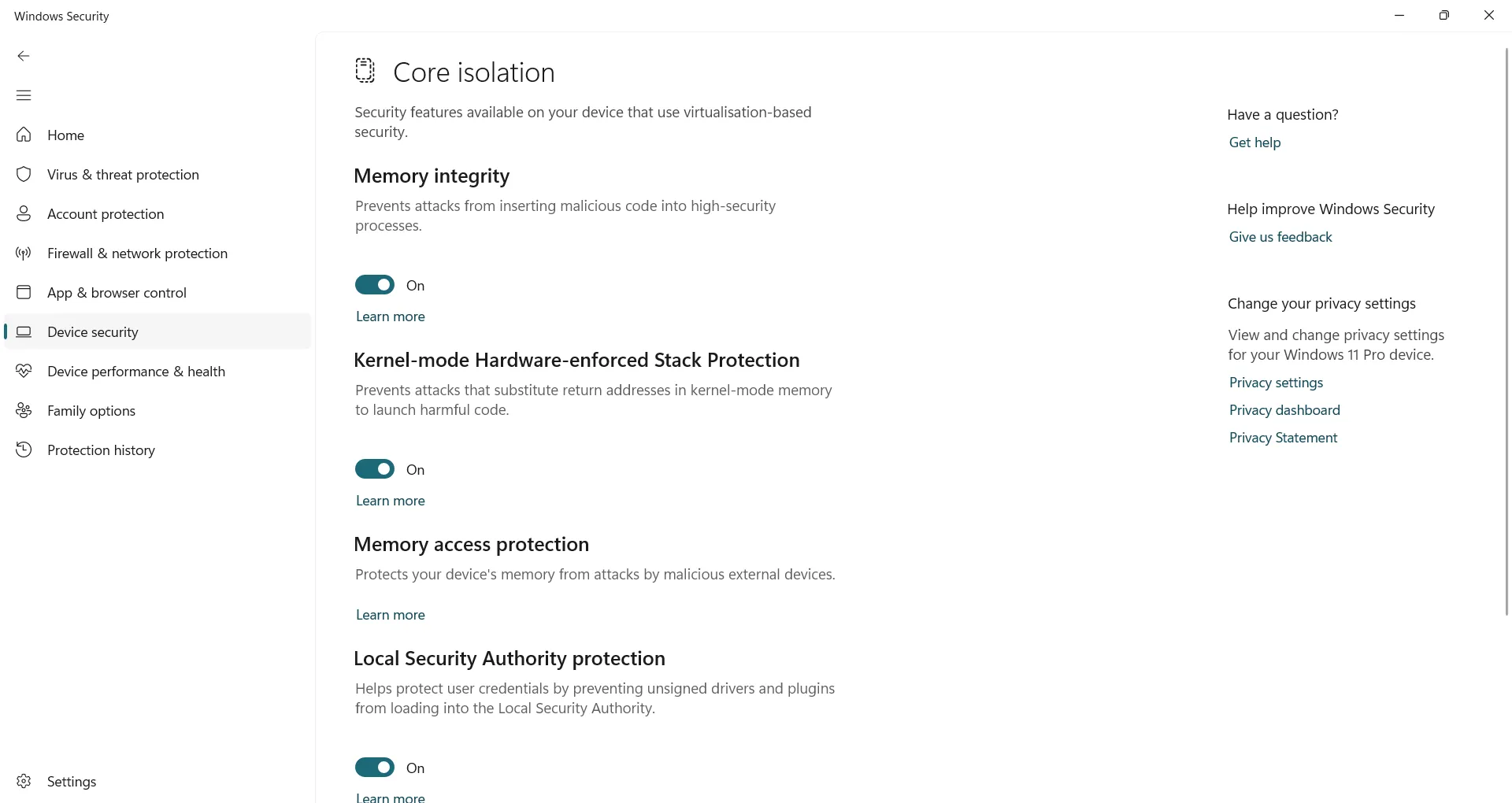 Bật tính năng Toàn vẹn bộ nhớ trong mục Cách ly cốt lõi của Windows Security