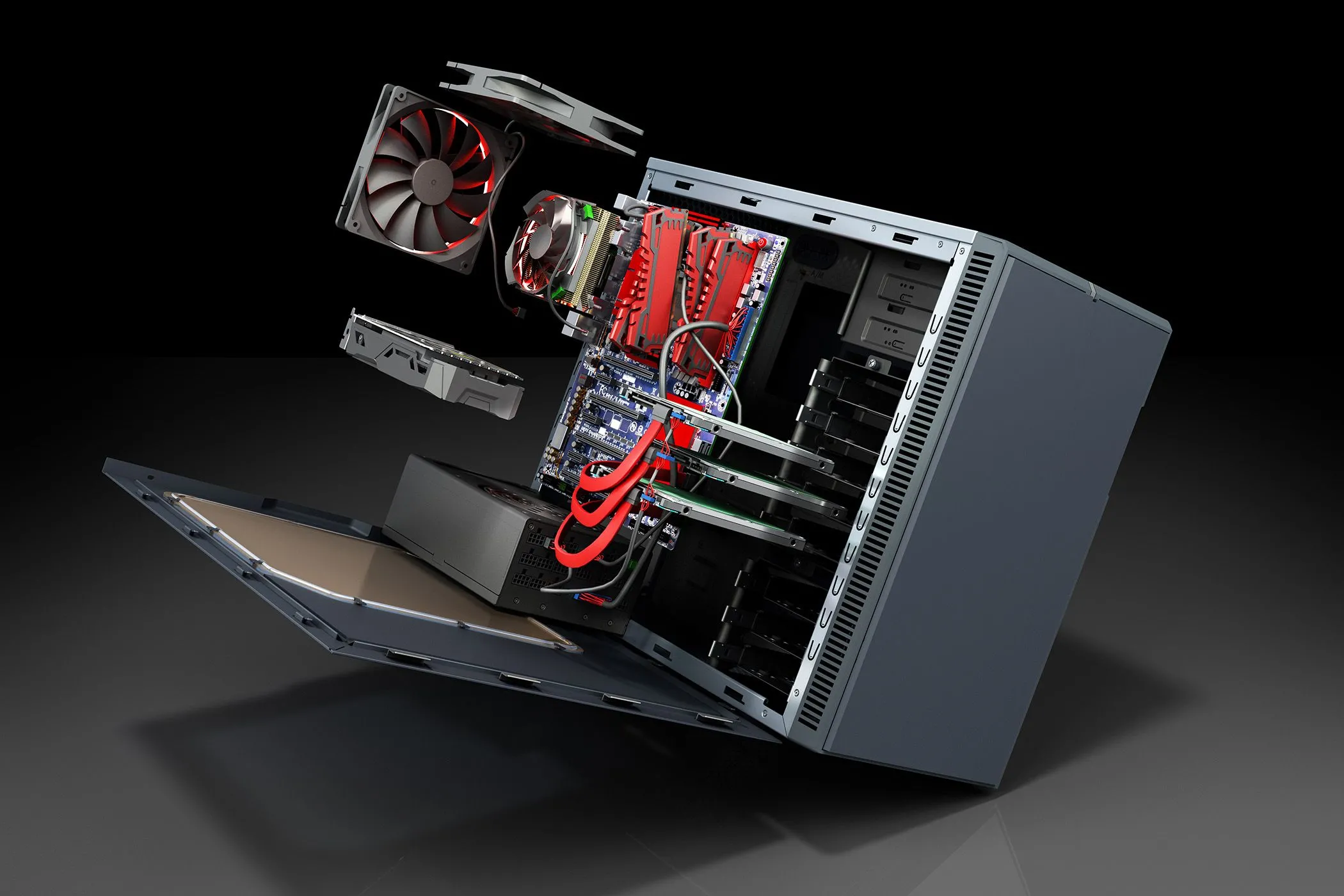 Bên trong thùng máy tính PC để bàn với các linh kiện như bo mạch chủ, card đồ họa và RAM có thể tháo rời