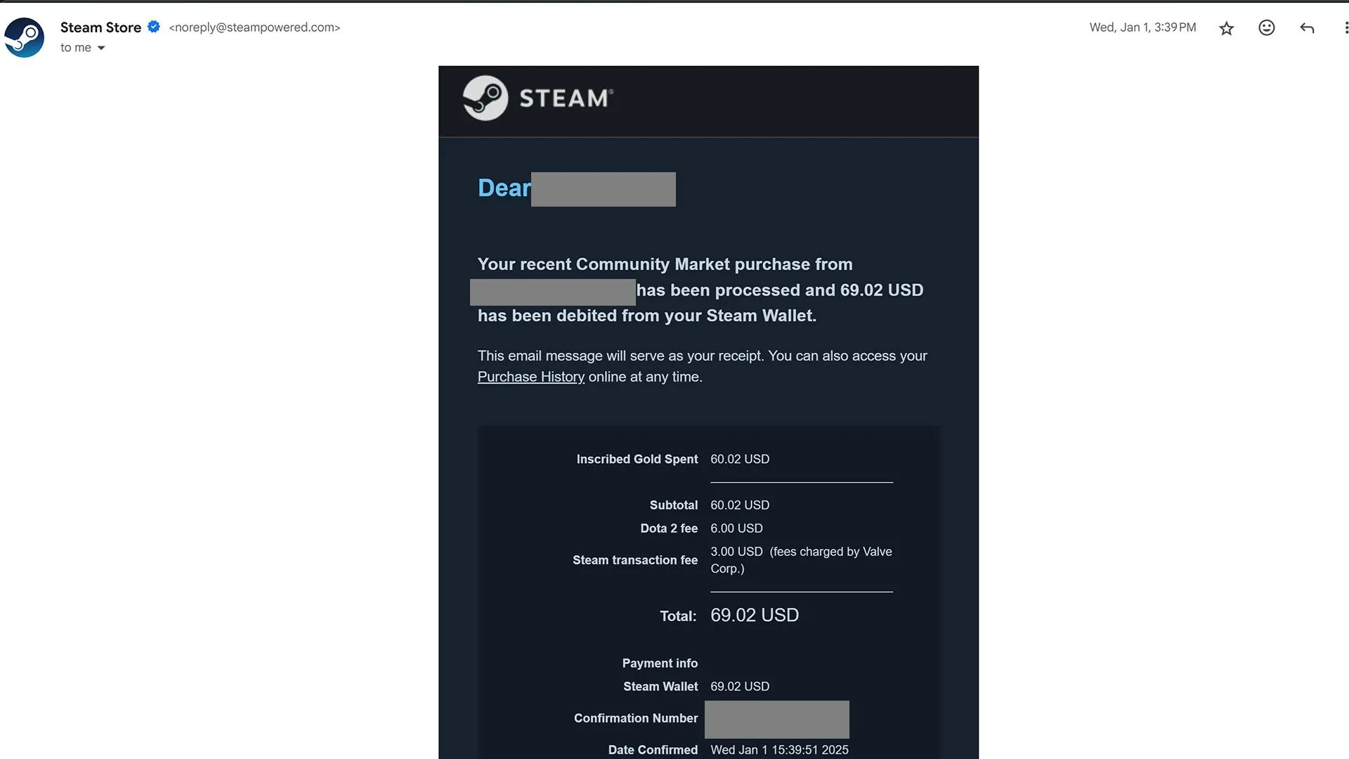 Biên nhận giao dịch Thị trường Cộng đồng Steam thể hiện thông tin người gửi và người nhận