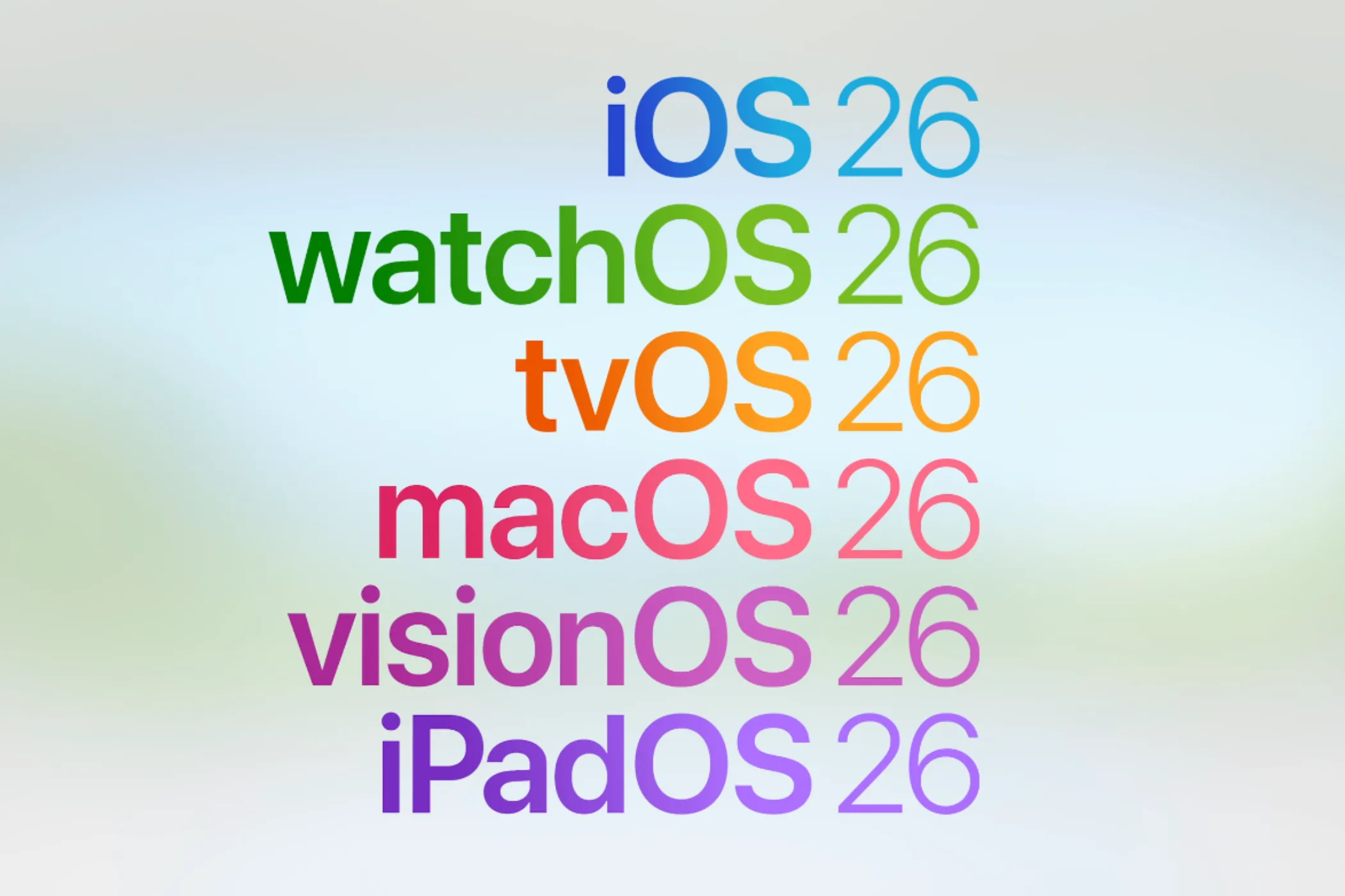 Biểu đồ minh họa hệ thống đặt tên thống nhất cho các hệ điều hành của Apple như iOS 26, watchOS 26, iPadOS 26, macOS 26, visionOS 26 và tvOS 26, thể hiện sự rõ ràng và nhất quán trong định danh phiên bản phần mềm.