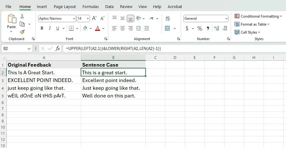 Biểu đồ so sánh công thức Excel phức tạp để chuyển văn bản sang định dạng câu (sentence case).