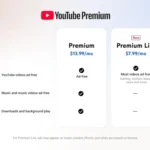 Biểu đồ so sánh tính năng và giá của các gói YouTube Premium Lite và YouTube Premium