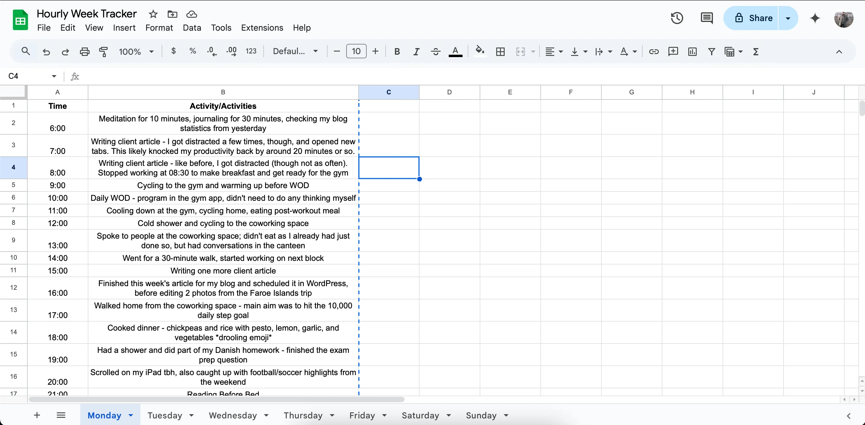 Biểu đồ theo dõi thời gian buổi sáng thứ Hai trên Google Sheets, minh họa cách quản lý công việc và thói quen cá nhân.