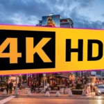 Biểu tượng 4K HDR trên cảnh đường phố minh họa chất lượng hình ảnh dải động cao