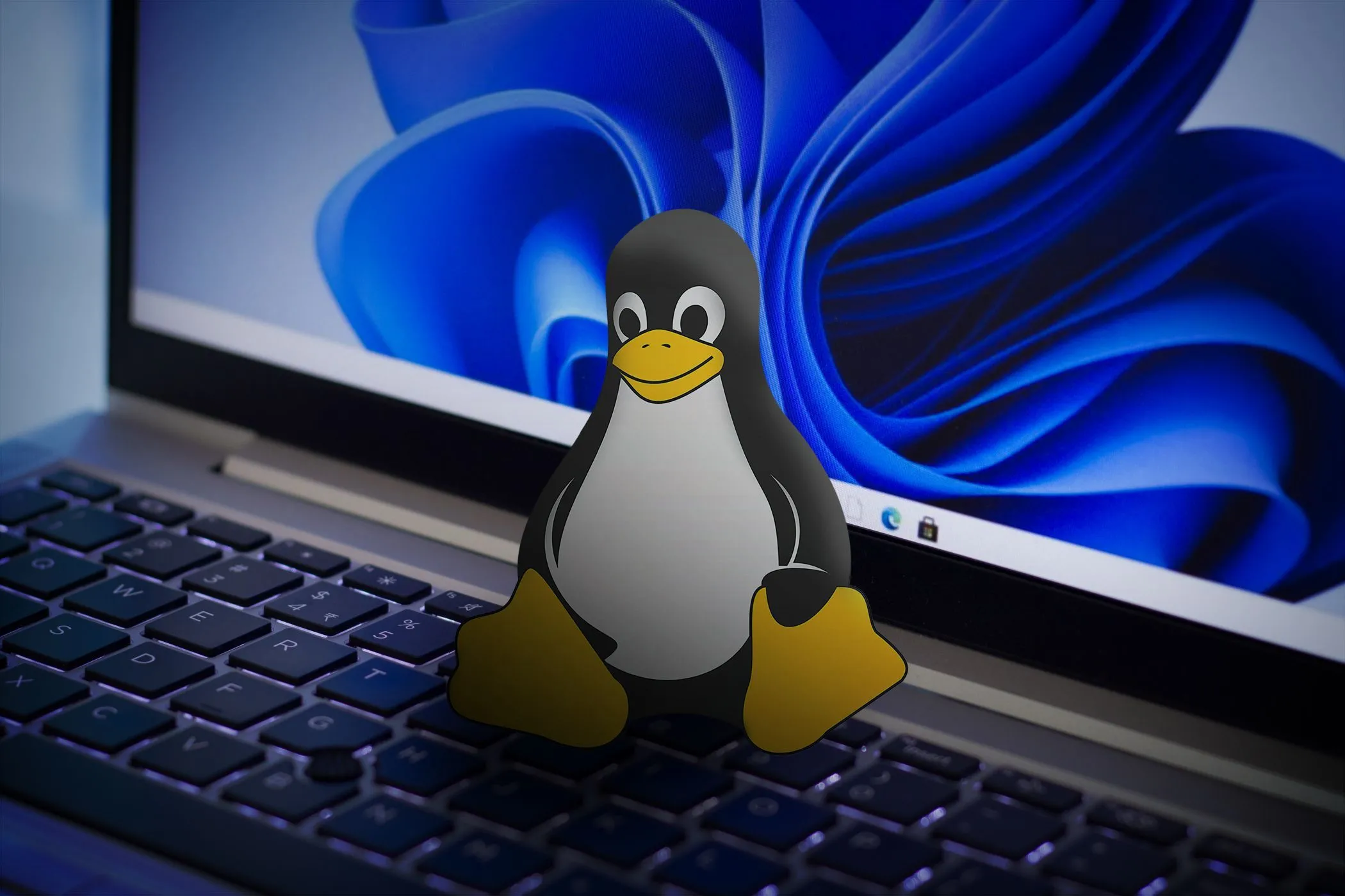 Biểu tượng Linux trên bàn phím laptop với hình nền Windows 11