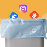 Biểu tượng mạng xã hội bị loại bỏ vào thùng rác, tượng trưng cho việc quản lý và giảm phụ thuộc vào thiết bị di động
