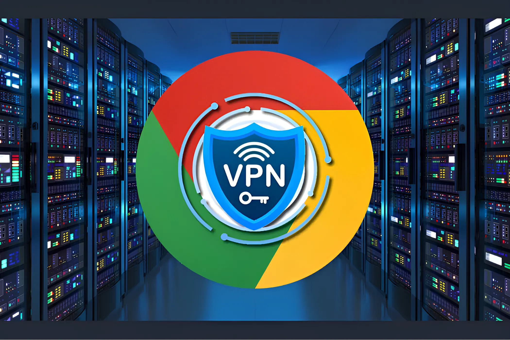Biểu tượng trình duyệt Google Chrome với huy hiệu VPN trên nền phòng máy chủ
