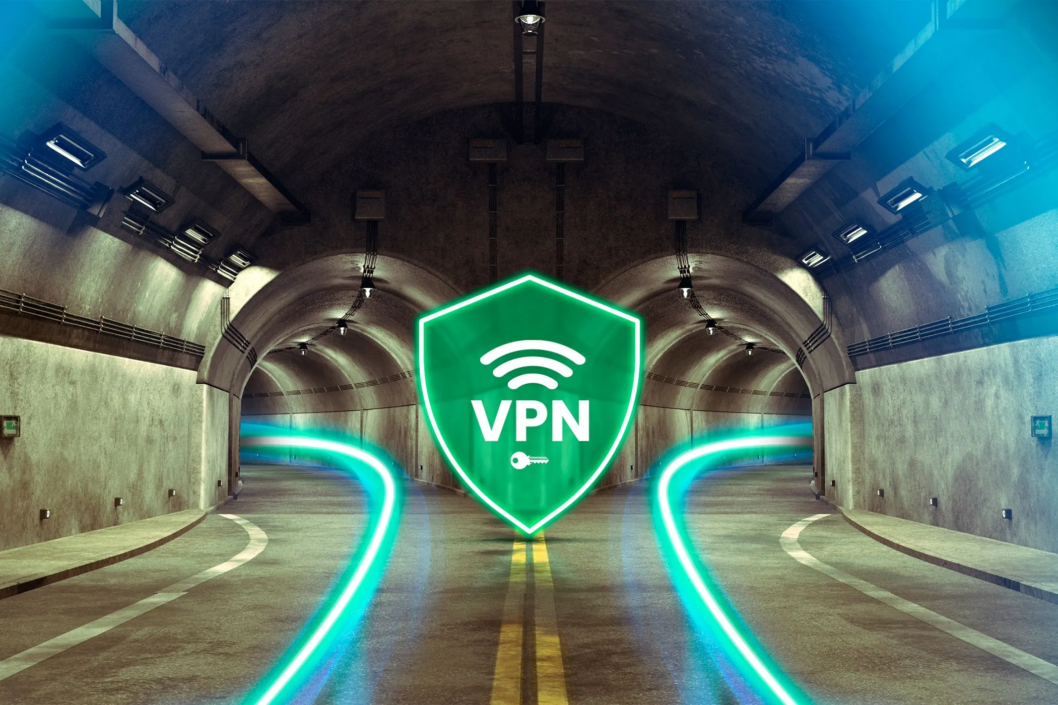 Biểu tượng VPN giữa hai đường hầm tách biệt, minh họa cho tính năng bảo mật và đường hầm mã hóa dữ liệu.