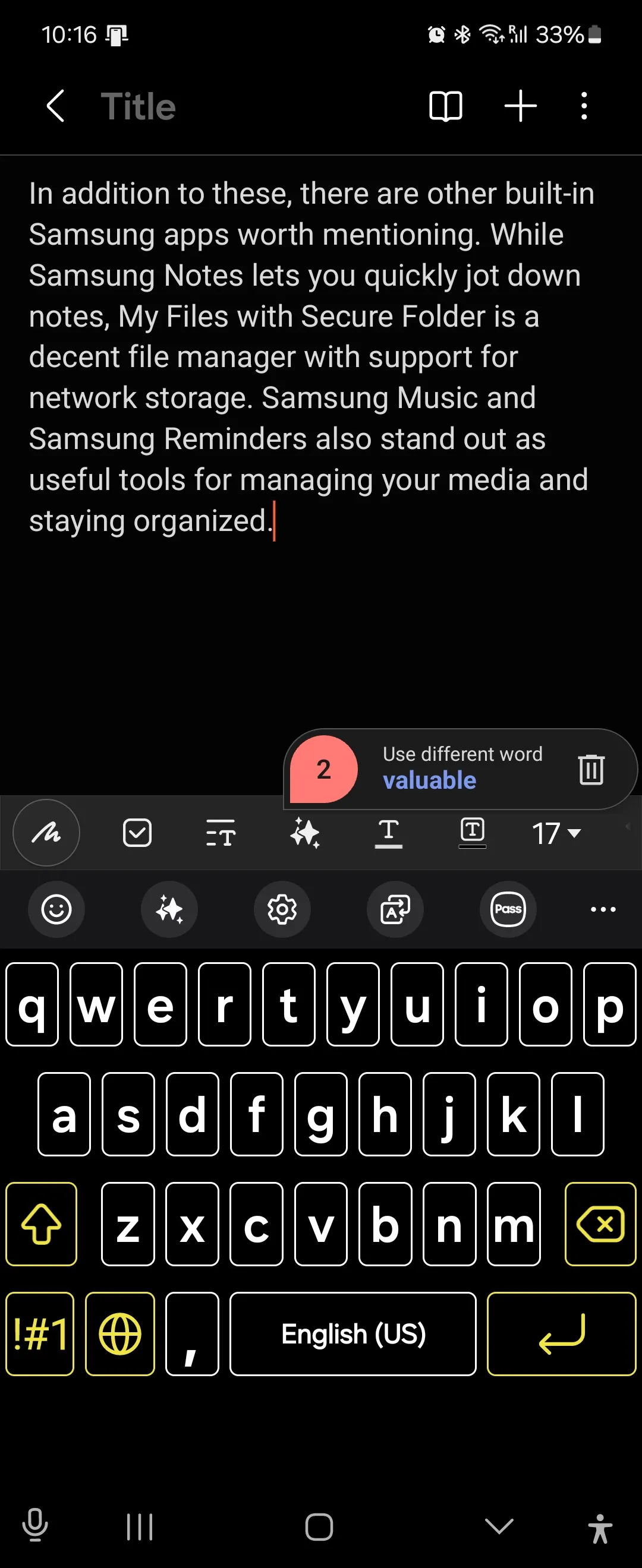 Bố cục bàn phím Samsung Keyboard trong ứng dụng Samsung Notes với các phím được sắp xếp khoa học, thể hiện tính năng gõ phím tiện lợi trên điện thoại Samsung.