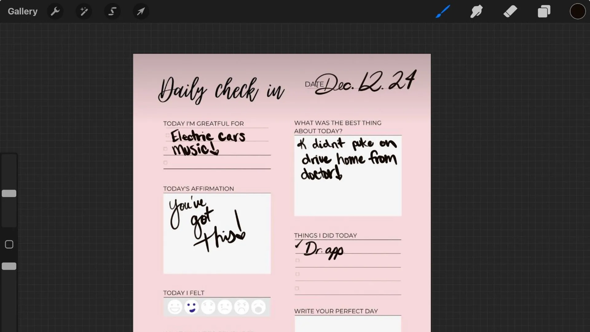 Bố cục nhật ký kỹ thuật số với ảnh và chữ viết tay trong ứng dụng Procreate