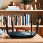 Bộ định tuyến Wi-Fi hiện đại với bốn ăng-ten trên bàn, tượng trưng cho việc phân tách mạng khách