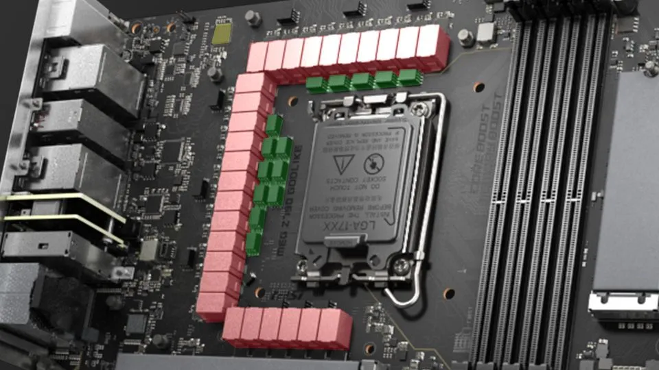 Bo mạch chủ MSI MEG Z790 với các mô-đun điều chỉnh điện áp (VRM) được làm nổi bật màu đỏ, cho thấy số lượng VRM và tản nhiệt