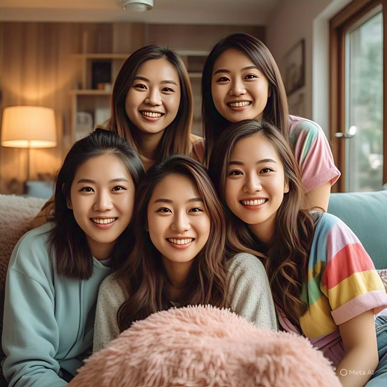 Bốn phụ nữ trẻ đang cười với làn da quá mịn màng, thiếu chi tiết tự nhiên, minh họa lỗi da &quot;nhựa&quot; ở ảnh AI cũ.