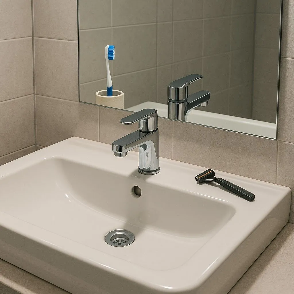Bồn rửa mặt hiện đại với phản chiếu gương tương đối chân thực do ChatGPT 4o tạo, dù bàn chải đánh răng không xuất hiện trong thực tế