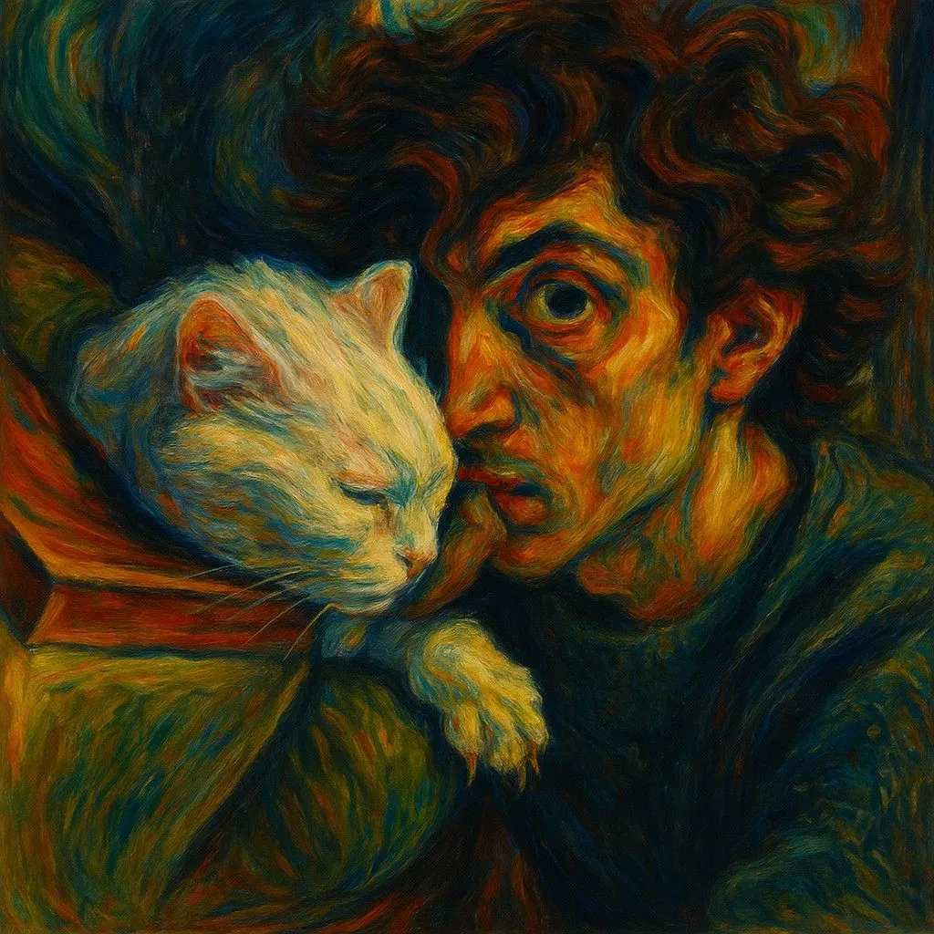 Bức tranh Biểu hiện (Expressionist) với người đàn ông và mèo, thể hiện cảm xúc mạnh