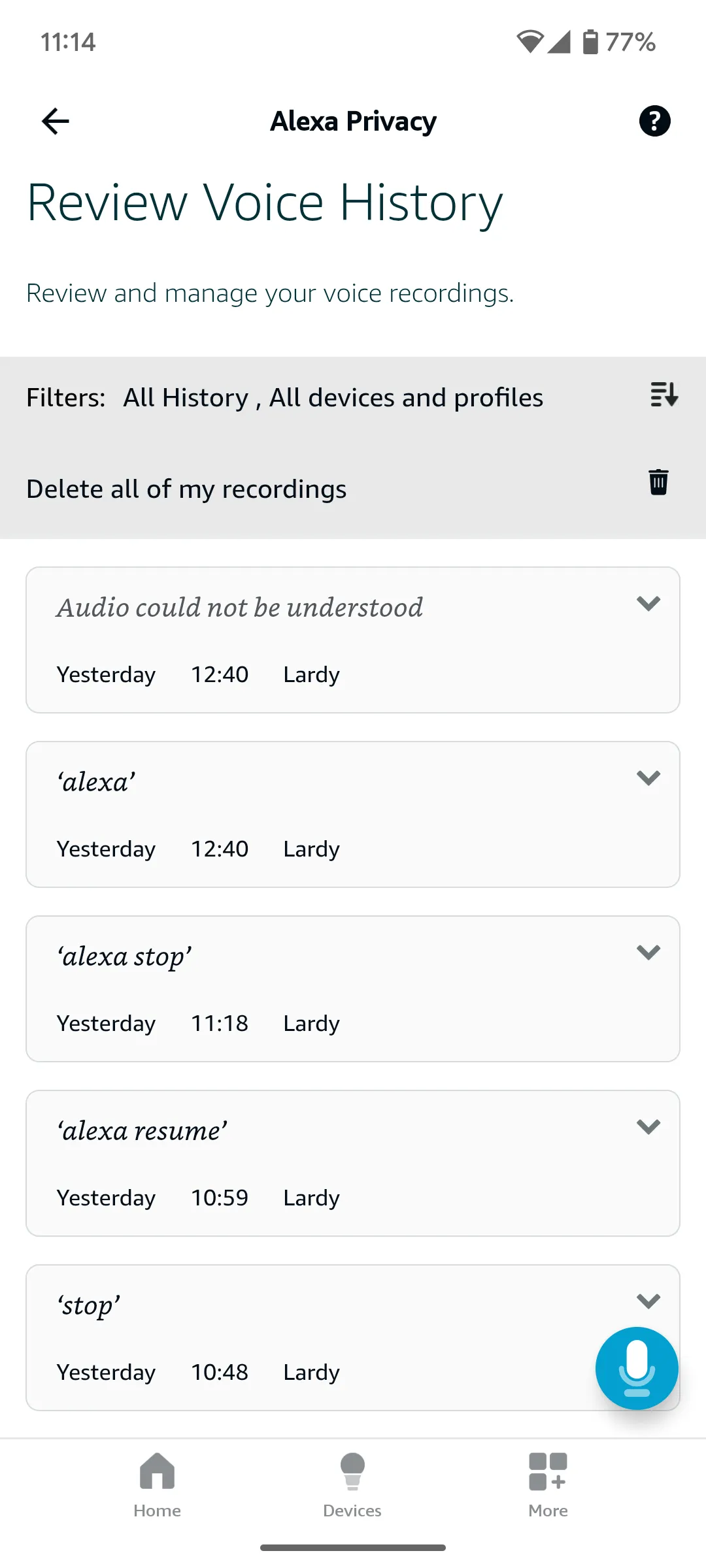 Các bản ghi âm giọng nói của bạn trên ứng dụng Alexa