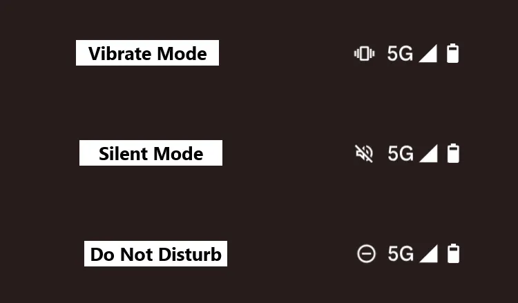 Các biểu tượng chế độ đặc biệt trên thanh trạng thái Android, bao gồm chế độ rung, im lặng và không làm phiền.