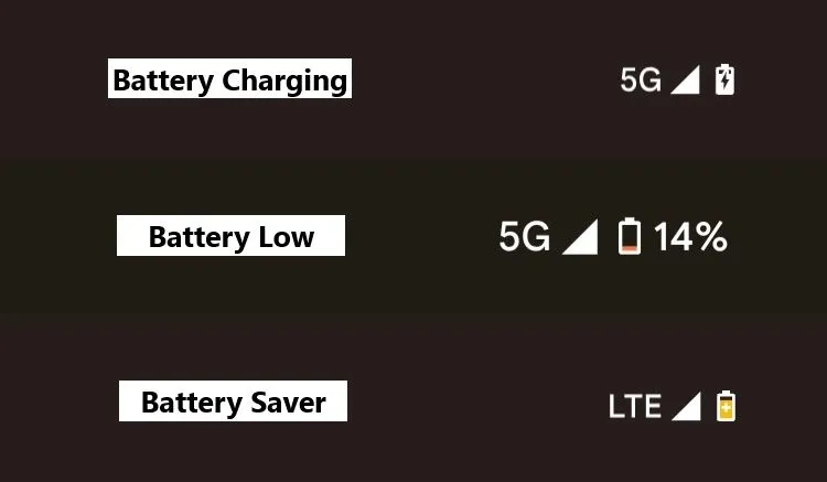 Các biểu tượng trạng thái pin và sạc trên thanh trạng thái Android, bao gồm pin đầy, đang sạc, tiết kiệm pin và pin yếu.