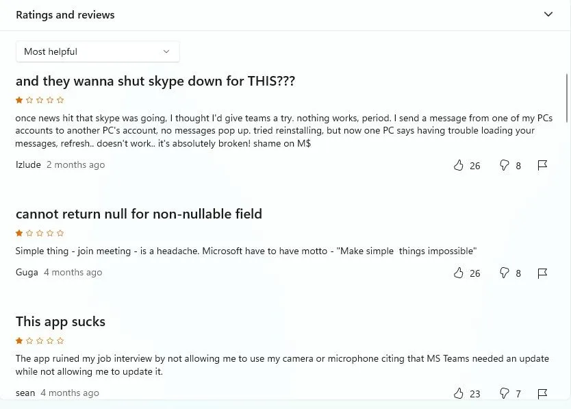 Các bình luận của người dùng chỉ trích hiệu năng của Microsoft Teams trên Microsoft Store