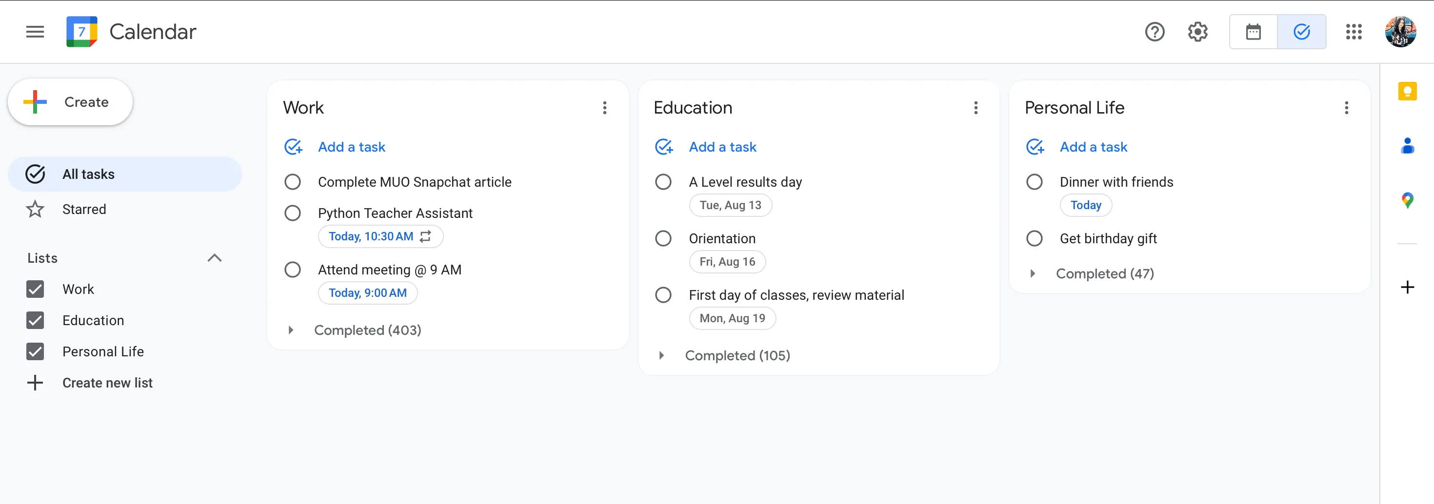 Các danh sách tác vụ khác nhau hiển thị rõ ràng trong thanh bên của Google Tasks