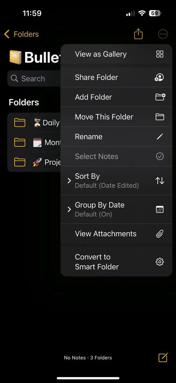Các ghi chú và thư mục con bên trong thư mục Bullet Journal trên Apple Notes
