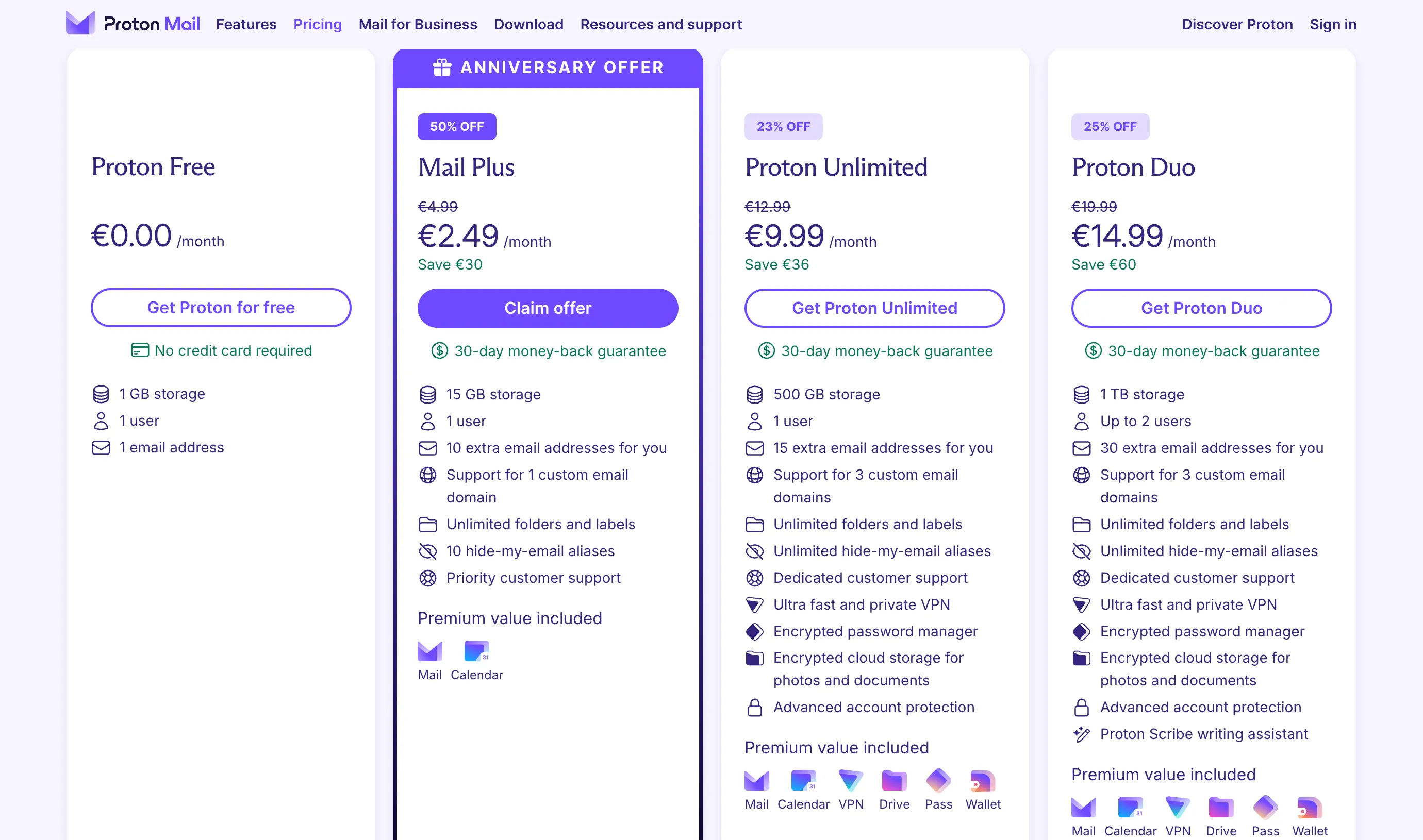 Các gói dịch vụ ProtonMail tích hợp nhiều tiện ích, bao gồm quyền truy cập Proton VPN