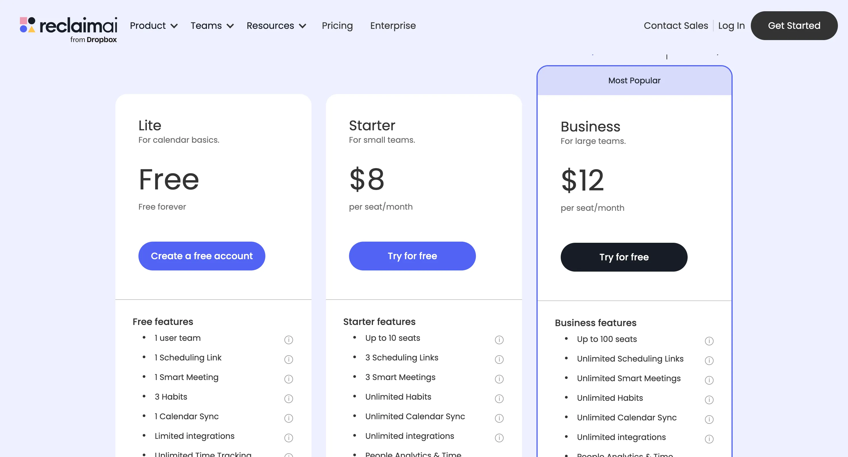 Các gói trả phí Starter, Business và Enterprise của Reclaim AI với các tính năng nâng cao