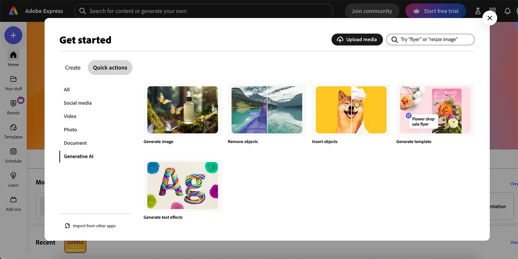 Các hành động nhanh dựa trên AI của Adobe Express, bao gồm tạo ảnh, xóa và chèn đối tượng, được hỗ trợ bởi Adobe Firefly.