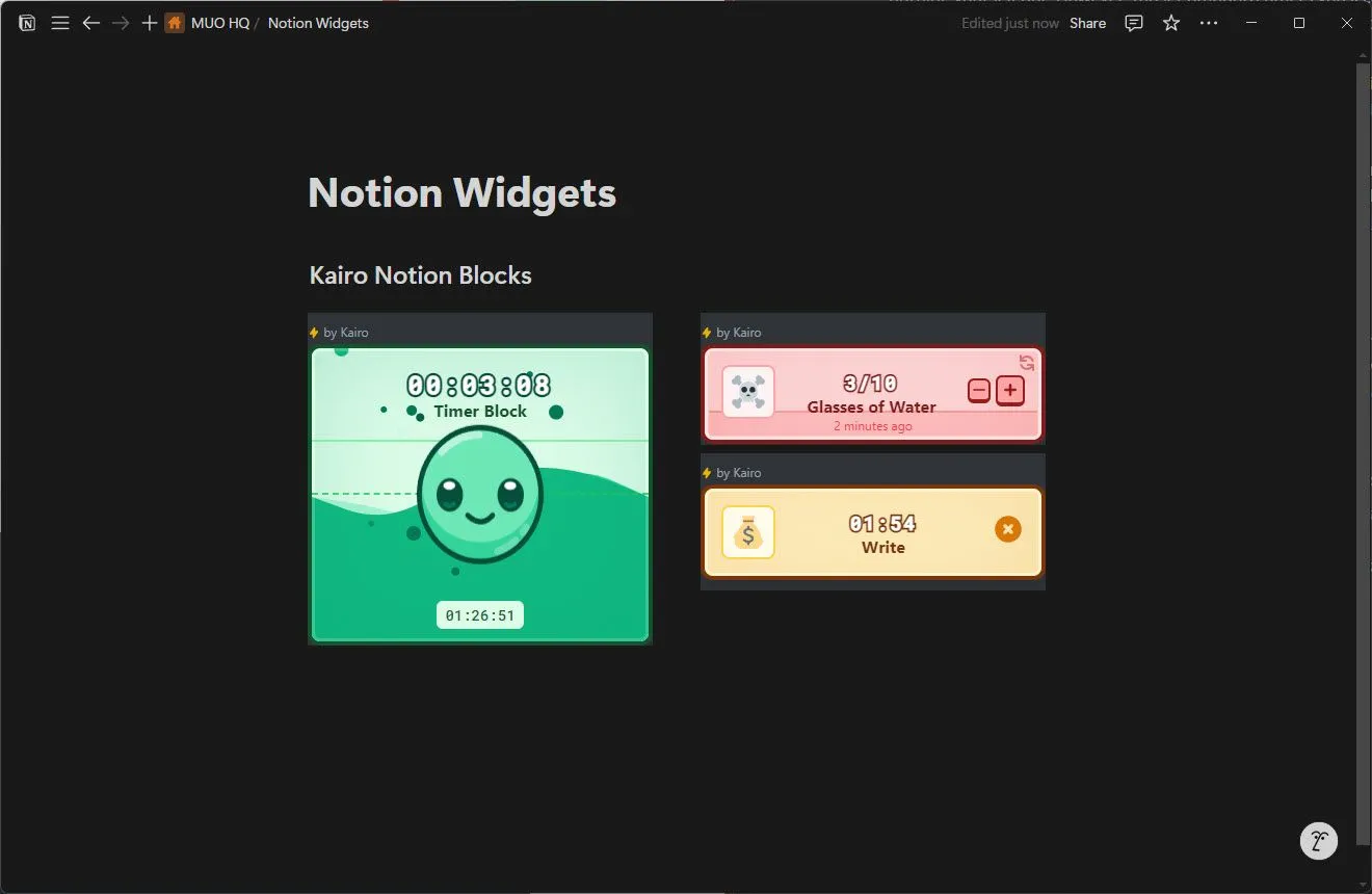 Các khối widget Kairo Notion Blocks tùy chỉnh hiển thị trong giao diện Notion, hỗ trợ theo dõi thói quen và đếm ngược