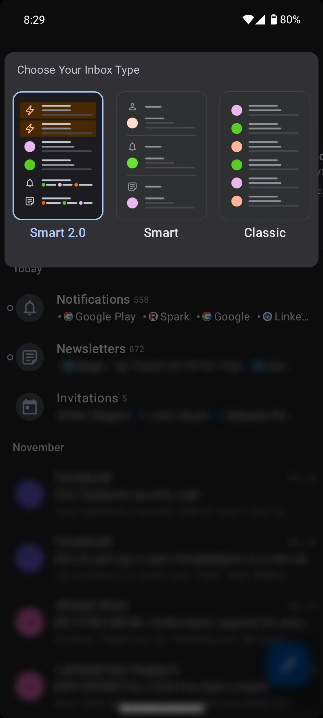 Các loại chế độ xem hộp thư đến (inbox views) khác nhau trong ứng dụng Spark Mail trên Android, bao gồm Classic, Smart và Smart 2.0