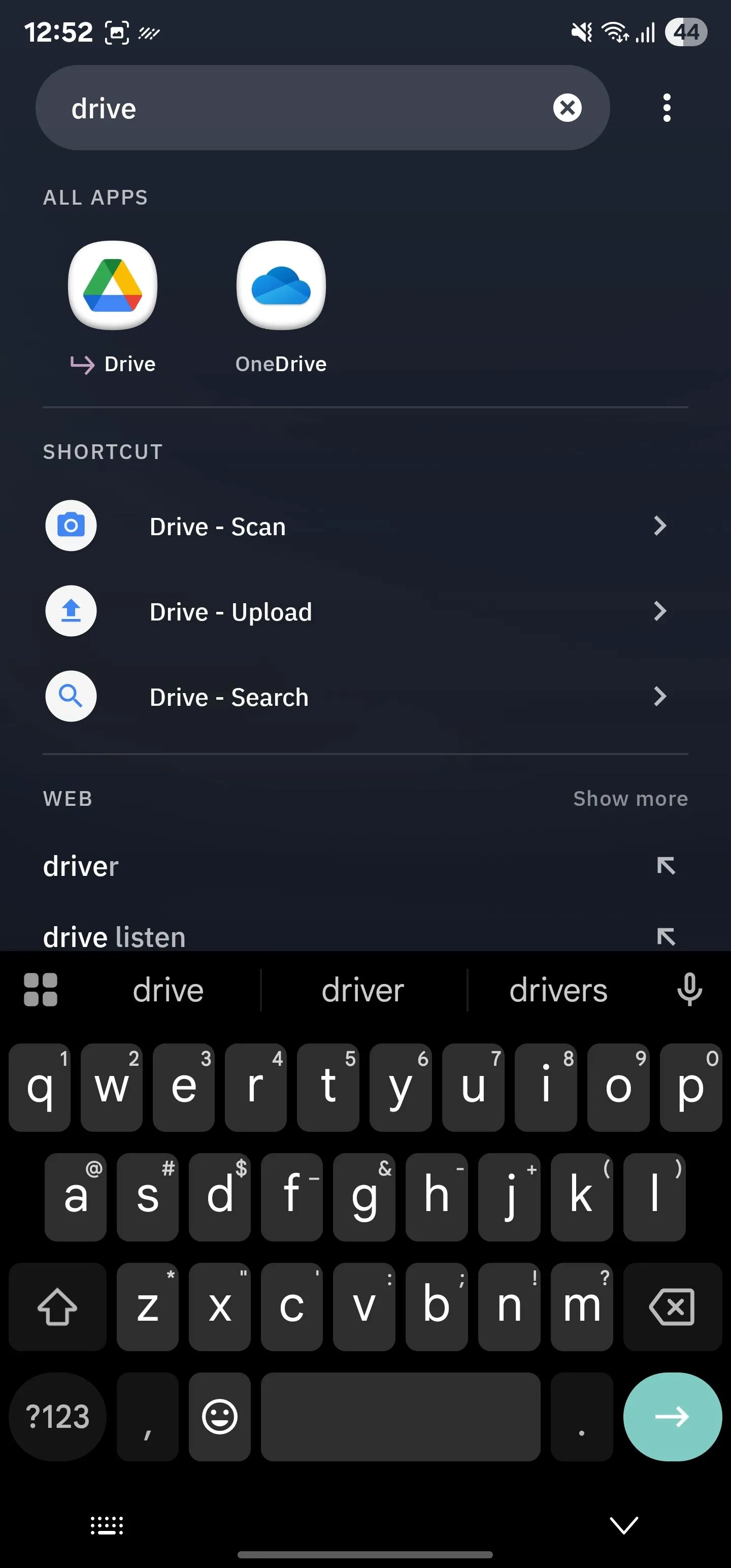 Các lối tắt truy cập nhanh Google Drive và các ứng dụng khác trong tính năng tìm kiếm thông minh (Smart Search) của Smart Launcher.