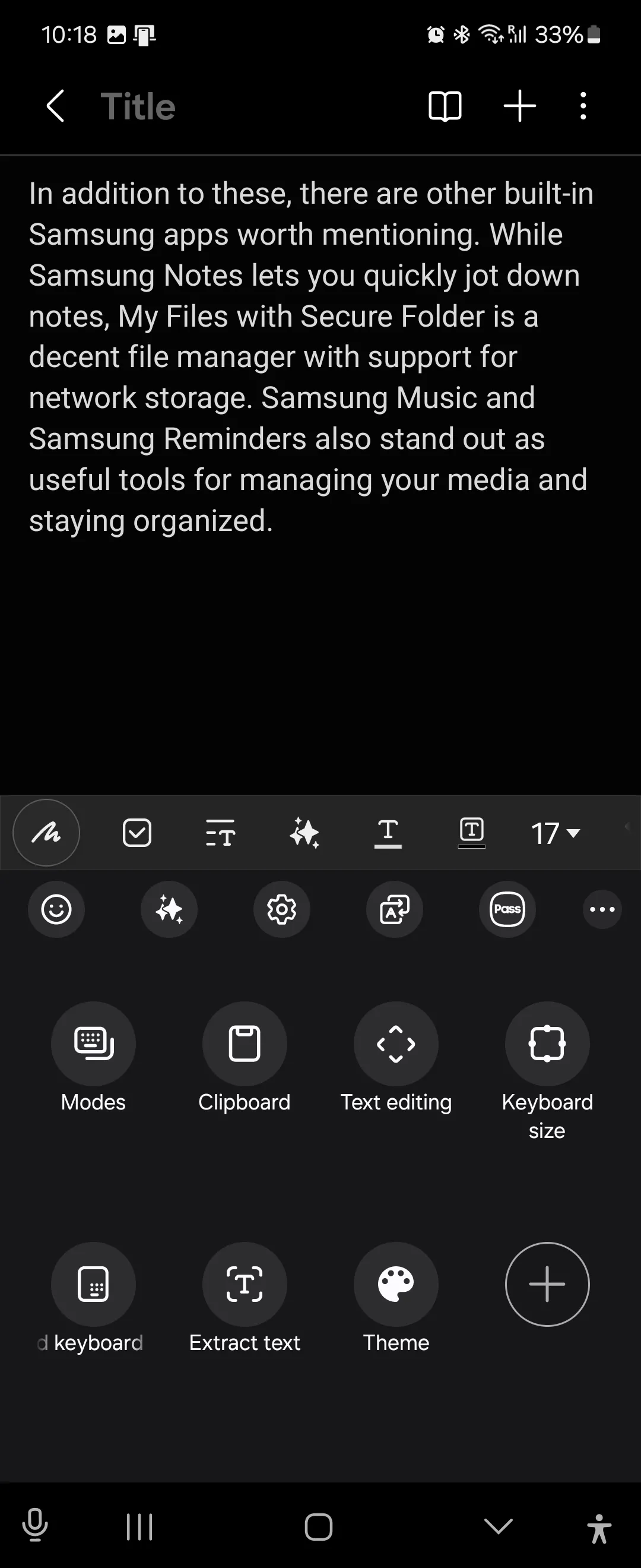 Các phím tắt tiện ích của bàn phím Samsung Keyboard hiển thị trong Samsung Notes, bao gồm Samsung Pass, dịch thuật và trích xuất văn bản, minh họa sự đa năng của ứng dụng.