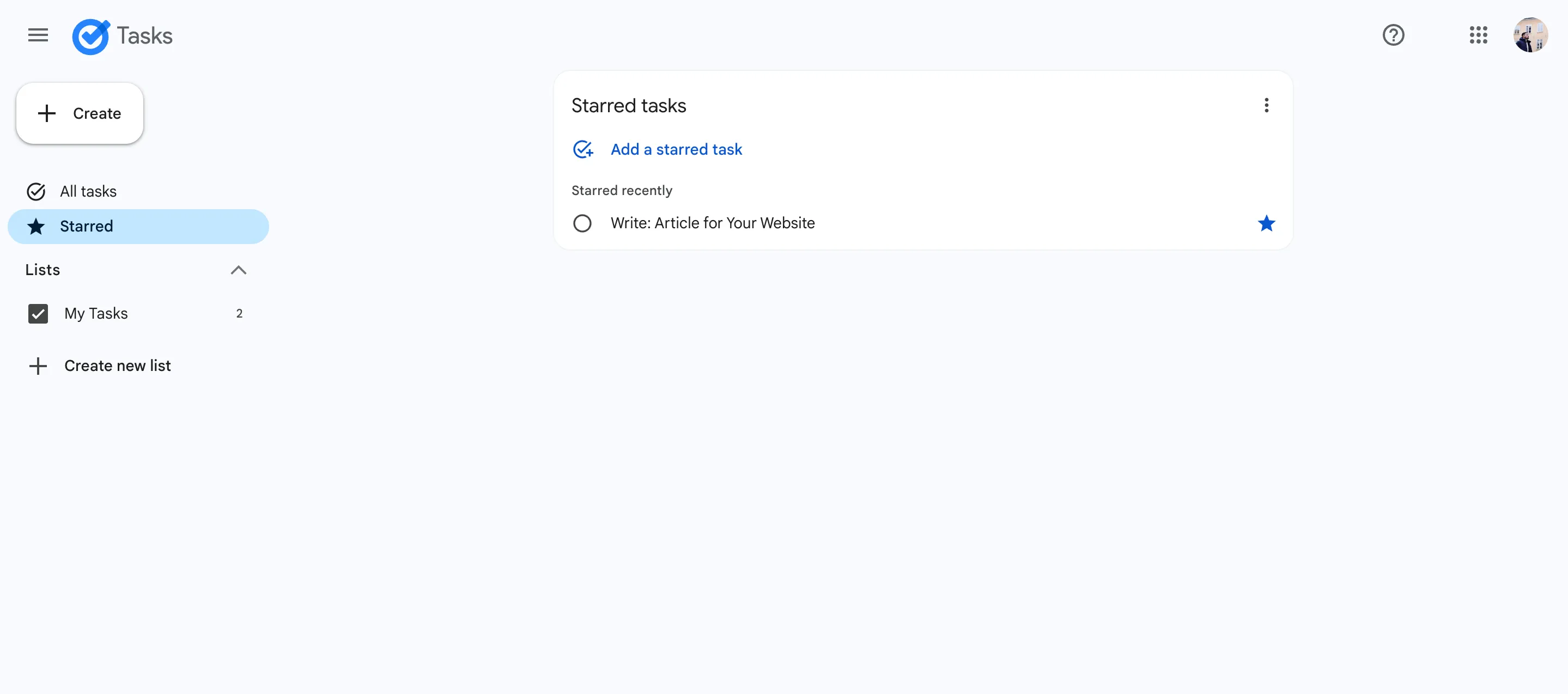 Các tác vụ quan trọng đã gắn dấu sao trong ứng dụng Google Tasks trên điện thoại