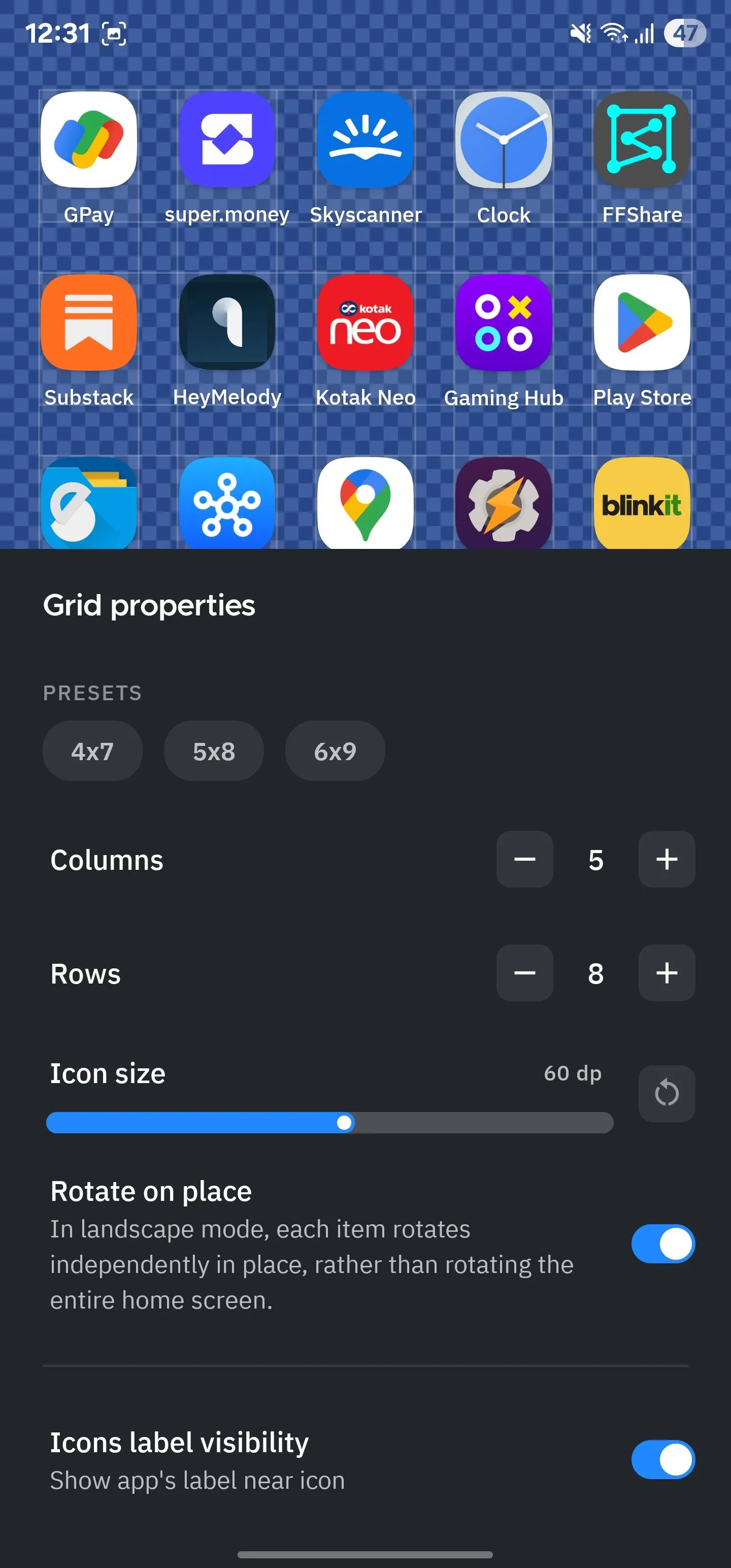 Các tùy chọn bố cục lưới màn hình chính linh hoạt trong Smart Launcher, cho phép điều chỉnh số hàng và cột.