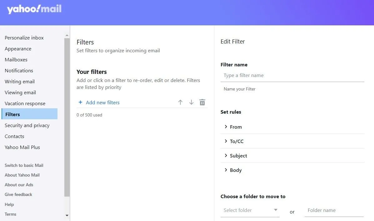 Các tùy chọn cài đặt bộ lọc email trong Yahoo Mail