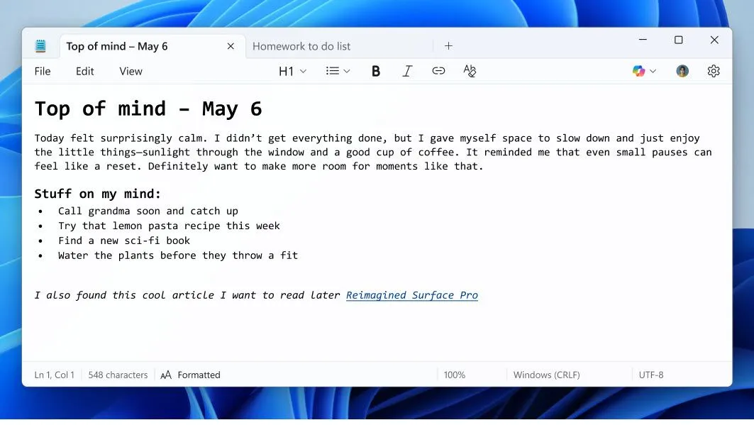 Các tùy chọn định dạng văn bản mới trong Notepad, bao gồm in đậm, in nghiêng, gạch đầu dòng và hỗ trợ Markdown.