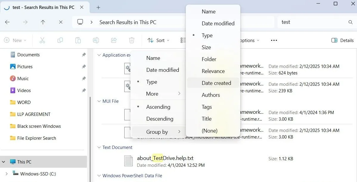 Các tùy chọn nhóm kết quả tìm kiếm theo kiểu hoặc ngày trong File Explorer