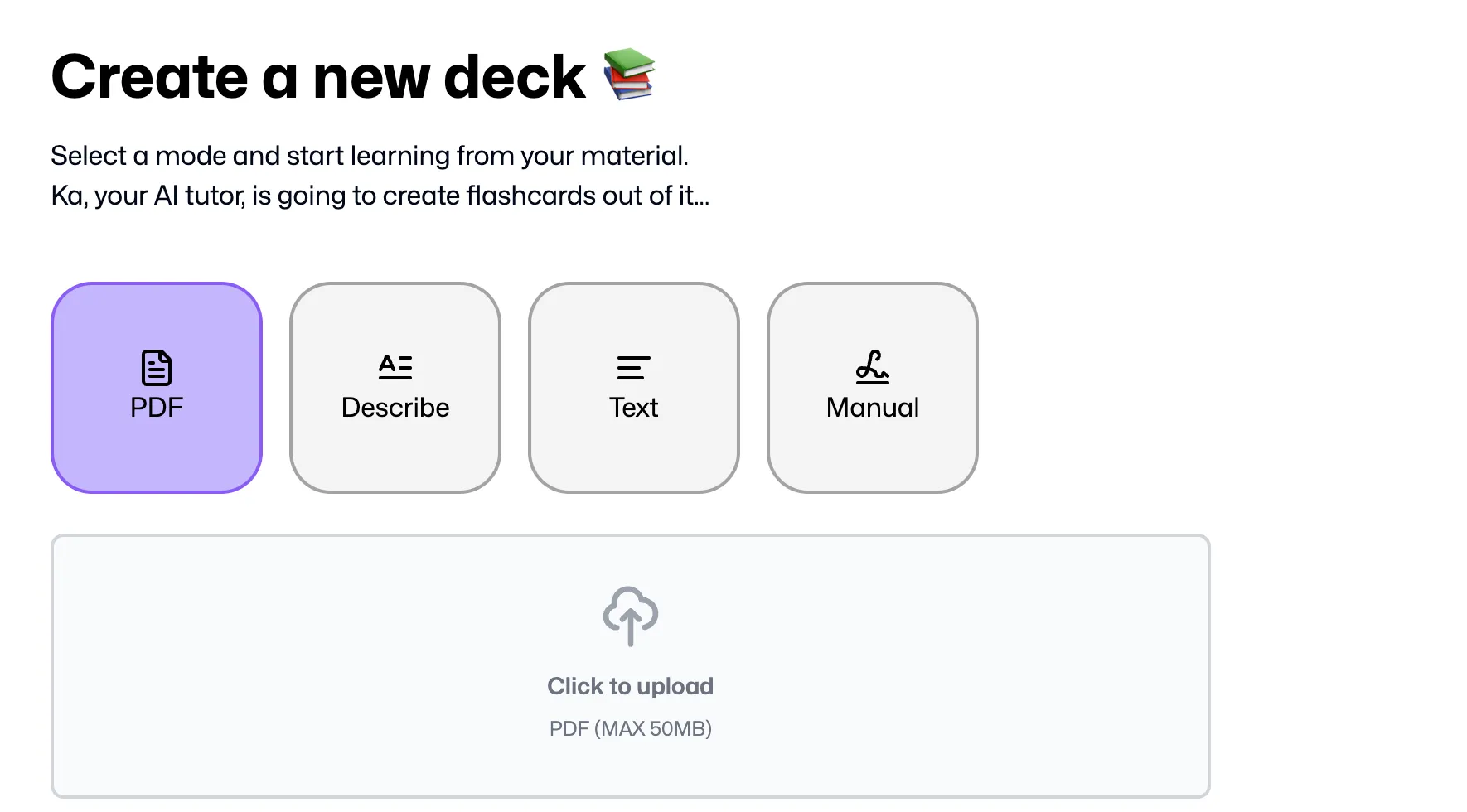 Các tùy chọn tạo bộ flashcard khác nhau của FlashKa