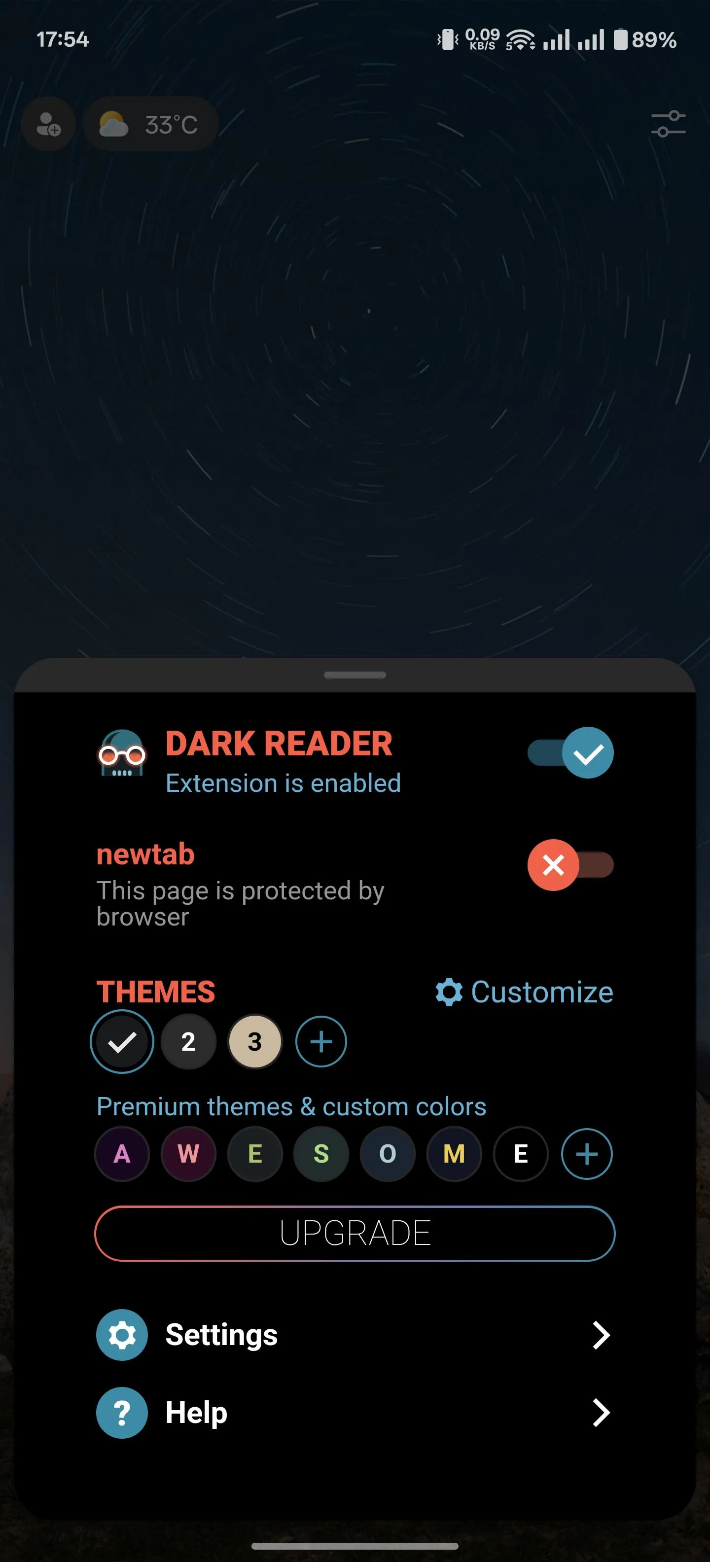 Các tùy chọn tùy chỉnh và thiết lập cho tiện ích Dark Reader trên Microsoft Edge Android