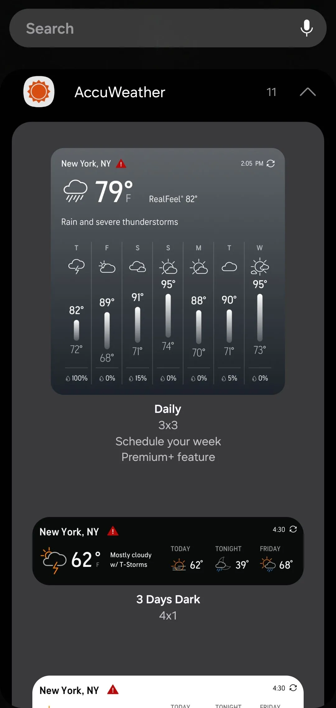 Các tùy chọn widget của AccuWeather bao gồm widget lớn và nhỏ