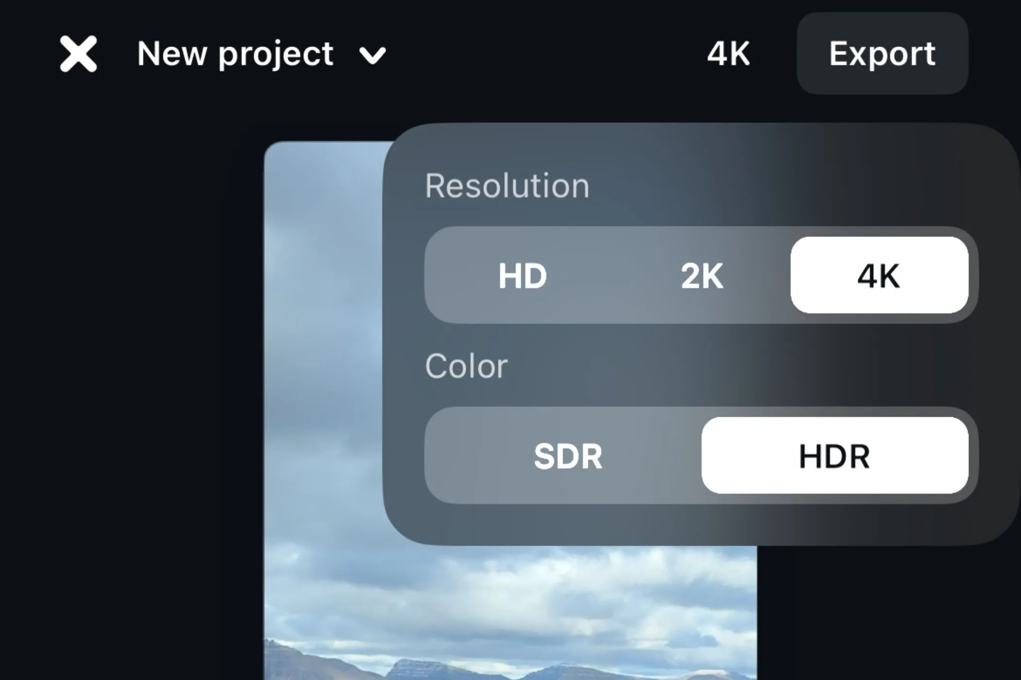 Các tùy chọn xuất video (HDR, SDR, độ phân giải) trong ứng dụng Edits