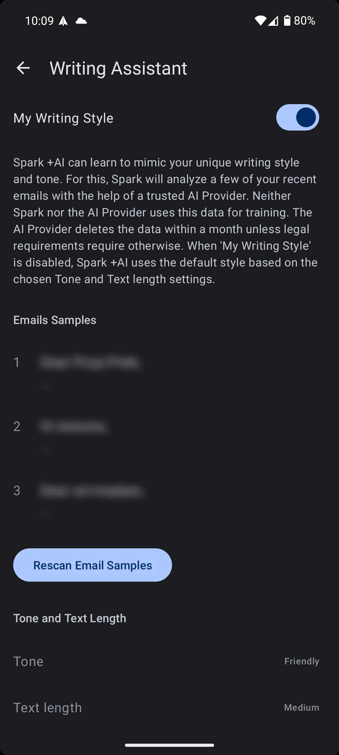 Các ví dụ về phong cách viết của trợ lý AI trong Spark Mail, hỗ trợ soạn thảo email chuyên nghiệp.