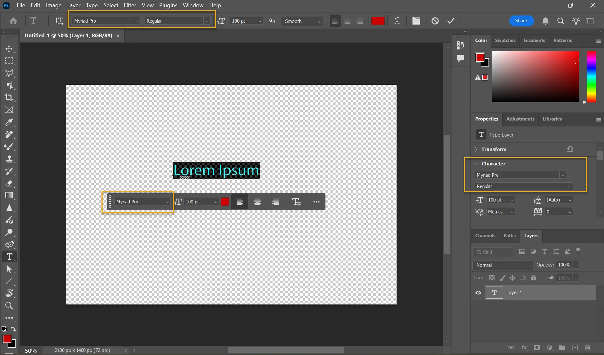 Các vị trí truy cập Trình duyệt Font trong Photoshop: Thanh Tùy chọn, Thanh Tác vụ theo ngữ cảnh và Bảng Thuộc tính