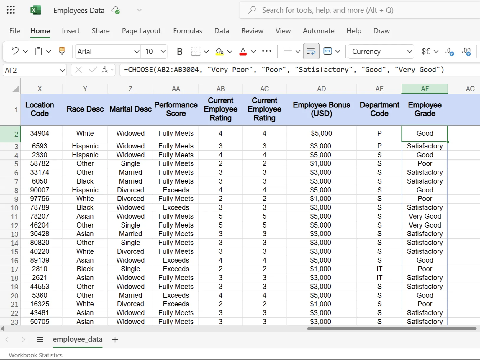 Cách dùng hàm CHOOSE trong Excel để chuyển đổi điểm số nhân viên sang mô tả xếp loại