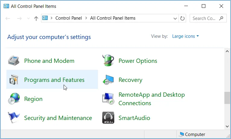 Cách mở Programs and Features từ Control Panel trên Windows