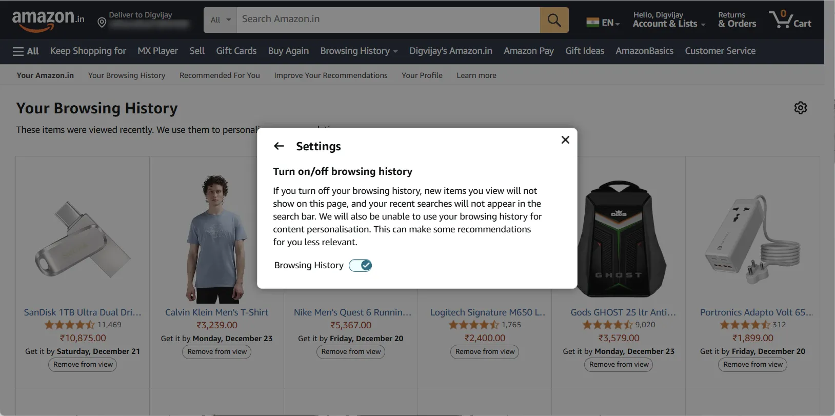 Cách tắt tính năng theo dõi lịch sử duyệt web trên Amazon