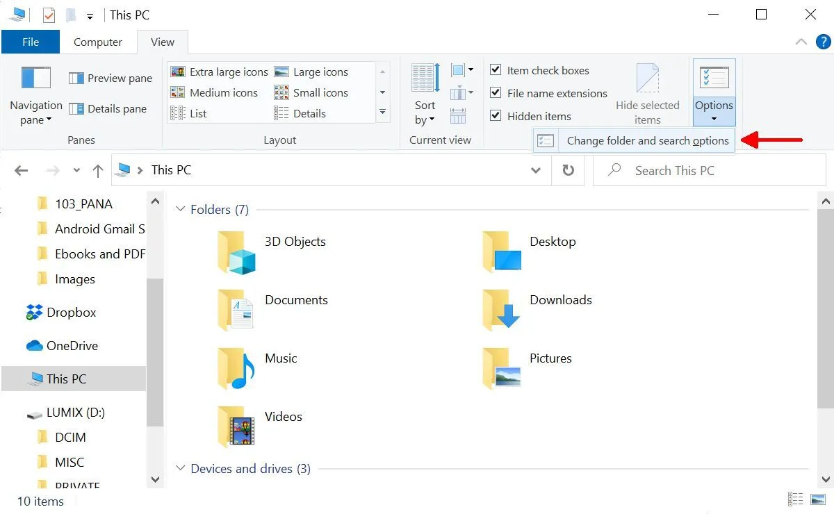 Cách truy cập tùy chọn thư mục và tìm kiếm trong File Explorer của Windows 10 để thay đổi cài đặt.