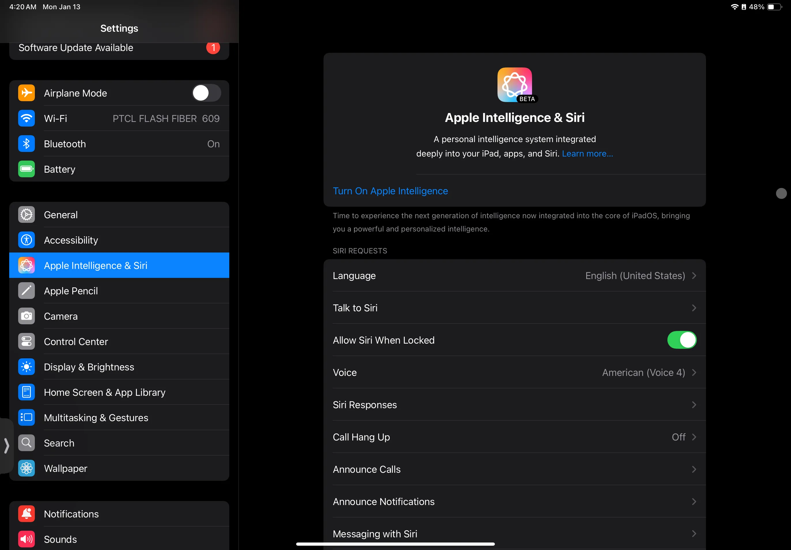 Cài đặt Apple Intelligence &amp; Siri trên iPad, hiển thị tùy chọn bật Apple Intelligence.