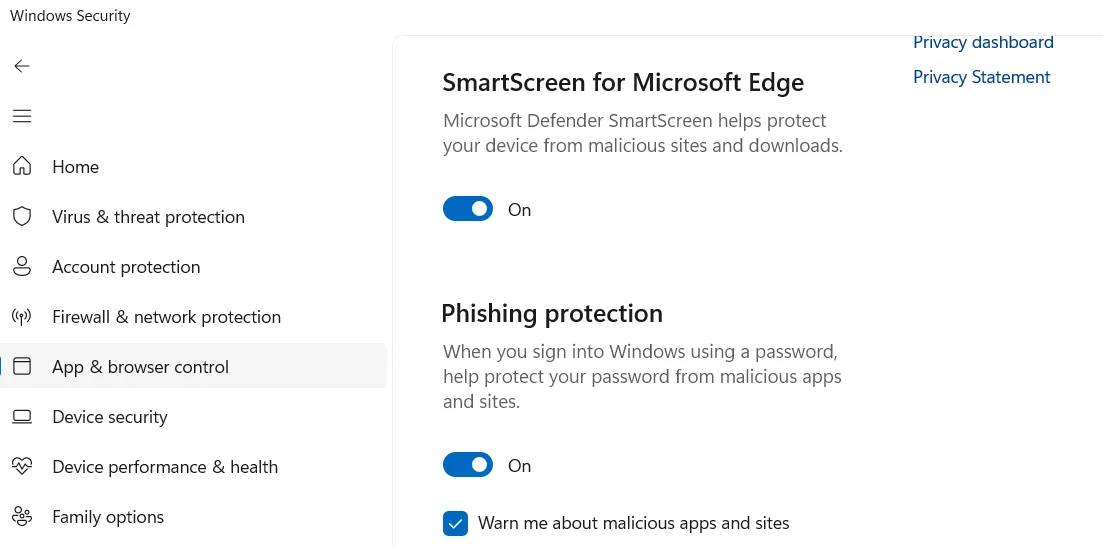 Cài đặt bảo vệ chống lừa đảo trong ứng dụng Bảo mật Windows