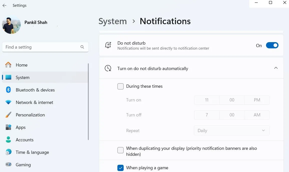 Cài đặt chế độ không làm phiền trong Windows 11
